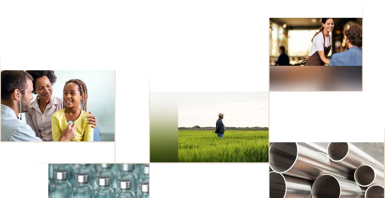College of diverse scenes: A doctor with a child, a farmer in a field, a smiling barista with customer, medical vials, and metallic pipes.
