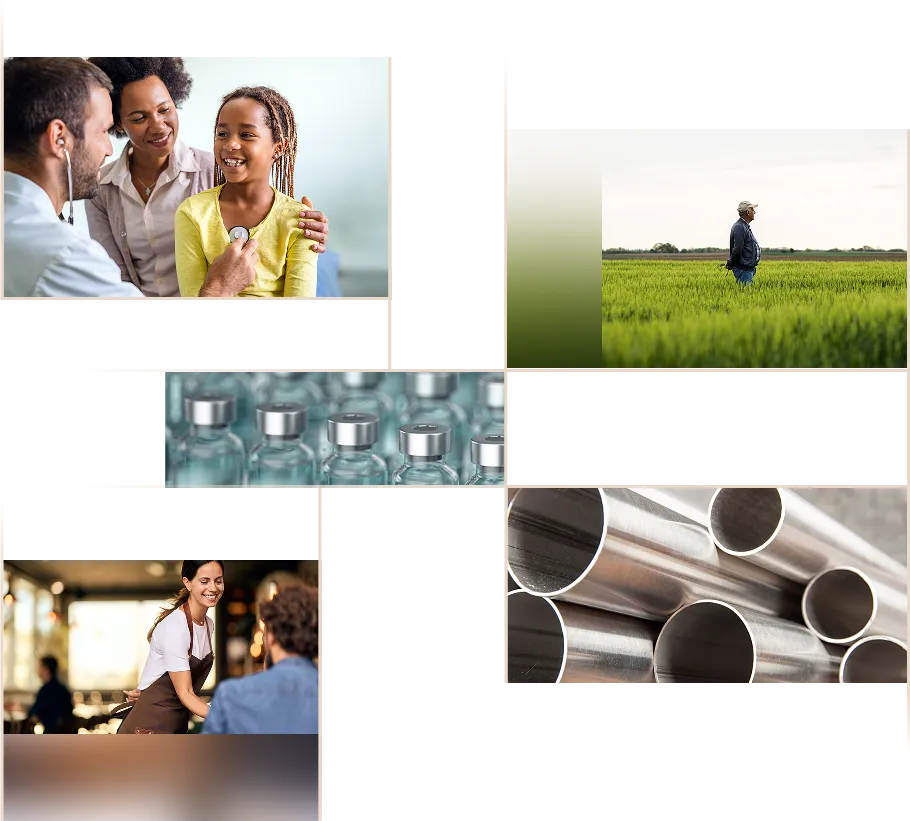 College of diverse scenes: A doctor with a child, a farmer in a field, a smiling barista with customer, medical vials, and metallic pipes.