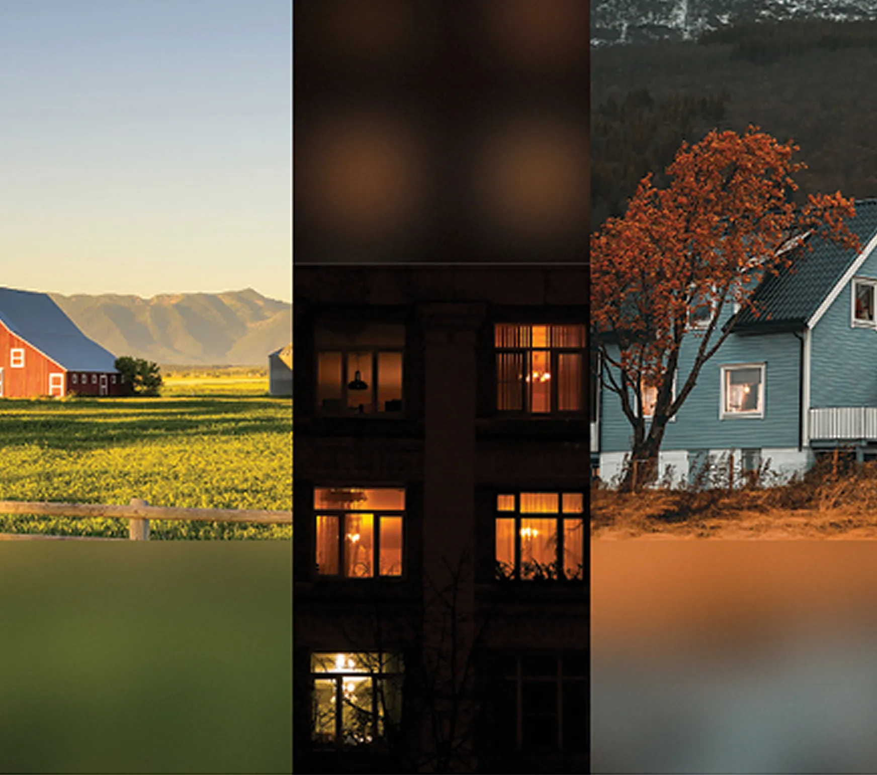 Three images of a farmhouse, building, and house.