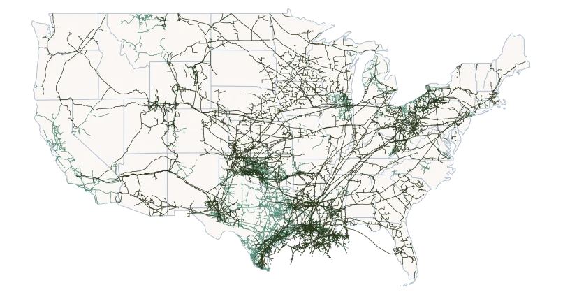 A map of interstate and intrastate pipelines throughout the United States.